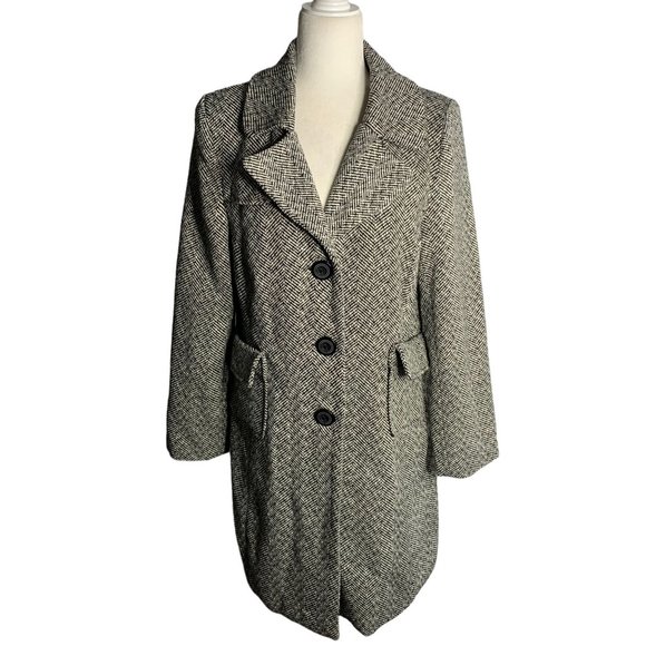 Vintage 90s Last Kiss Wool Blend Over Coat XL Black White Lined Pockets Buttons - Picture 1 of 6